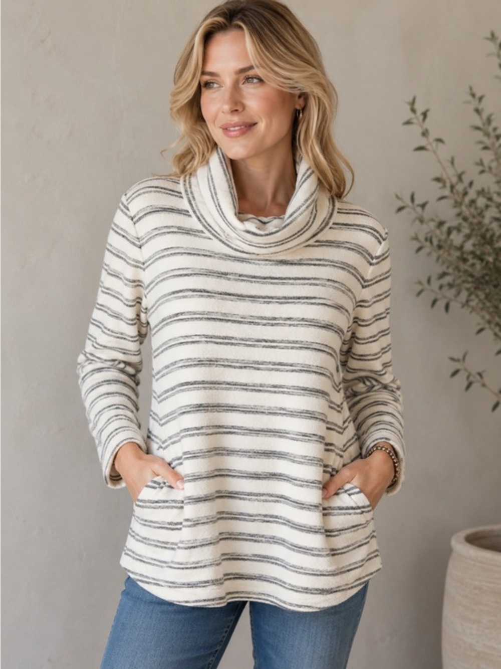 L.L. Bean Cowl Neck Striped Cream Gray Sweater Size Large